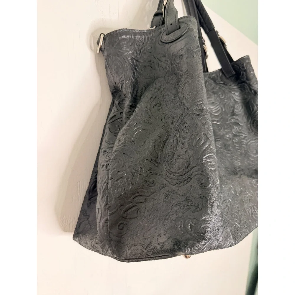 Isadora Italy Black Embossed Floral Leather Hobo Bag Slouchy Shoulder Tote Large